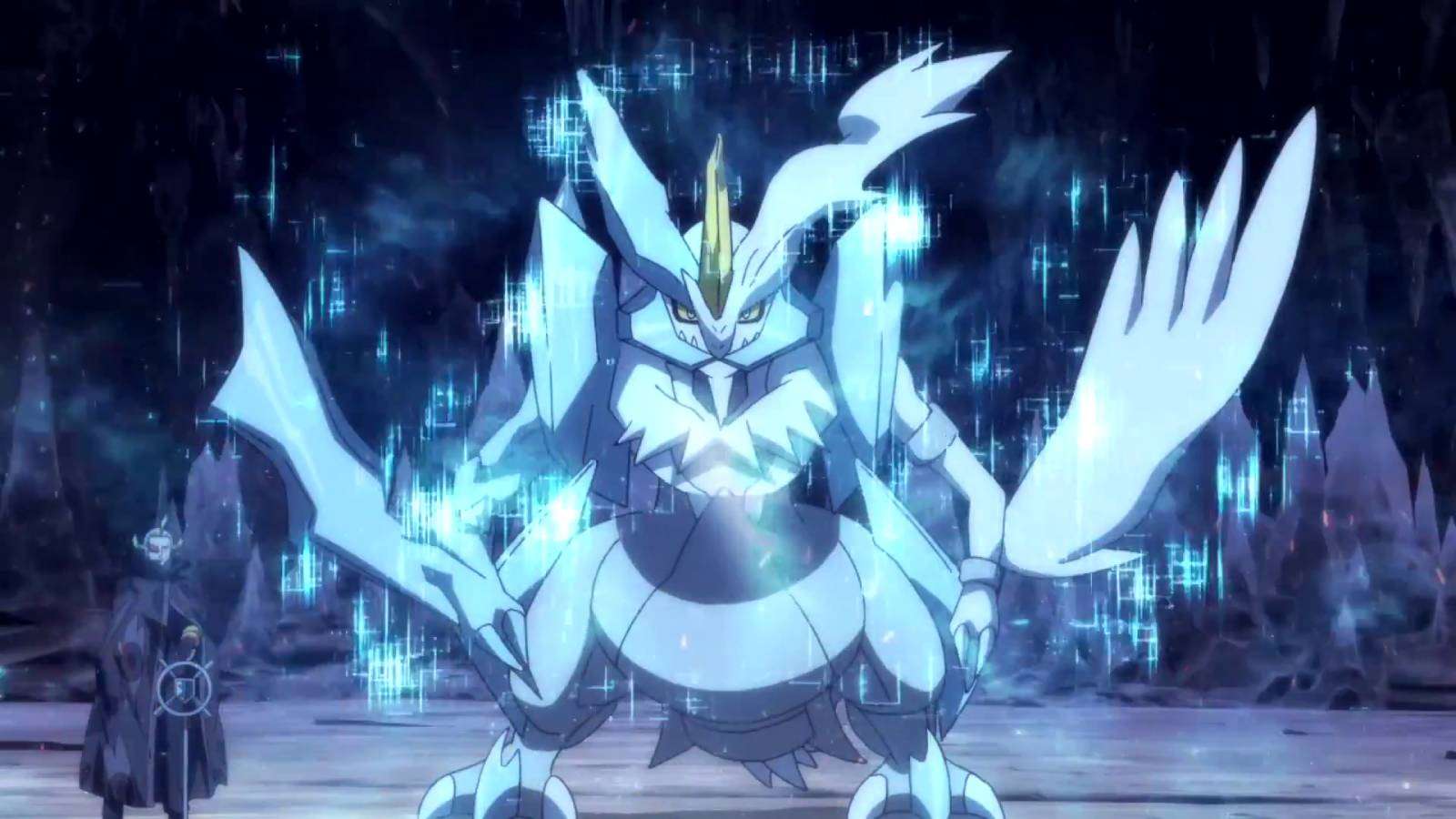 The Legendary Pokemon Kyurem stands in a cave