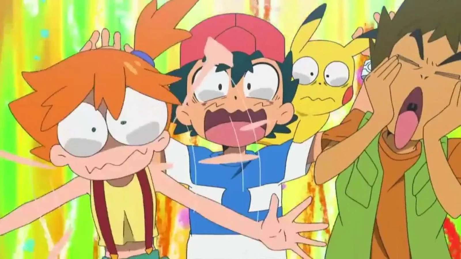 Ash, Misty, Brock, and Pikachu looking shocked in the Pokemon Sun & Moon anime