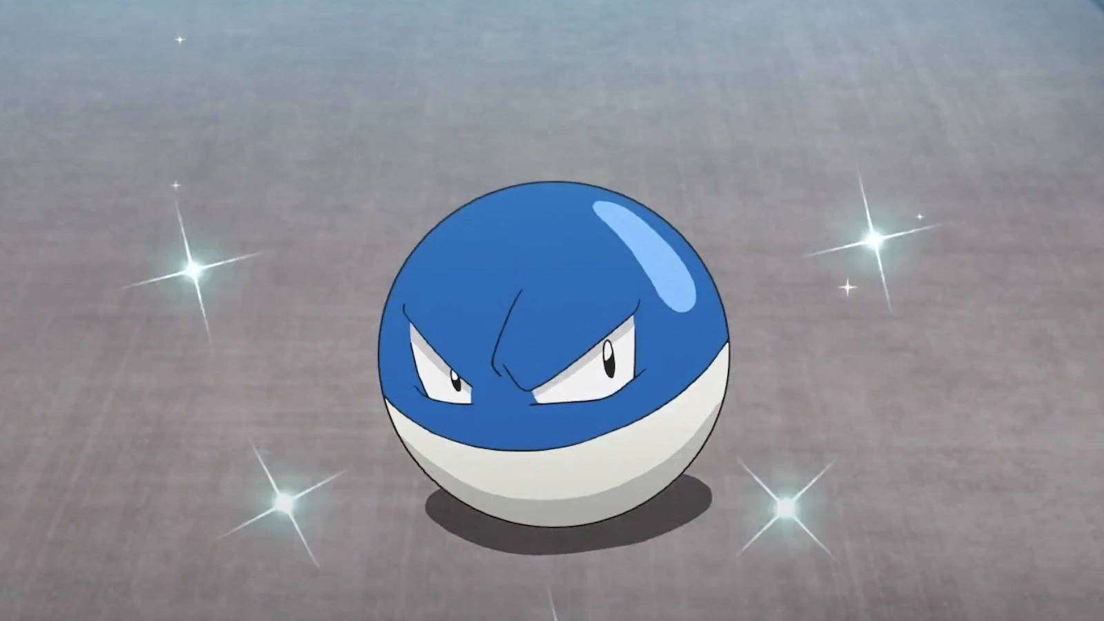 A shiny Voltorb is sat on a path