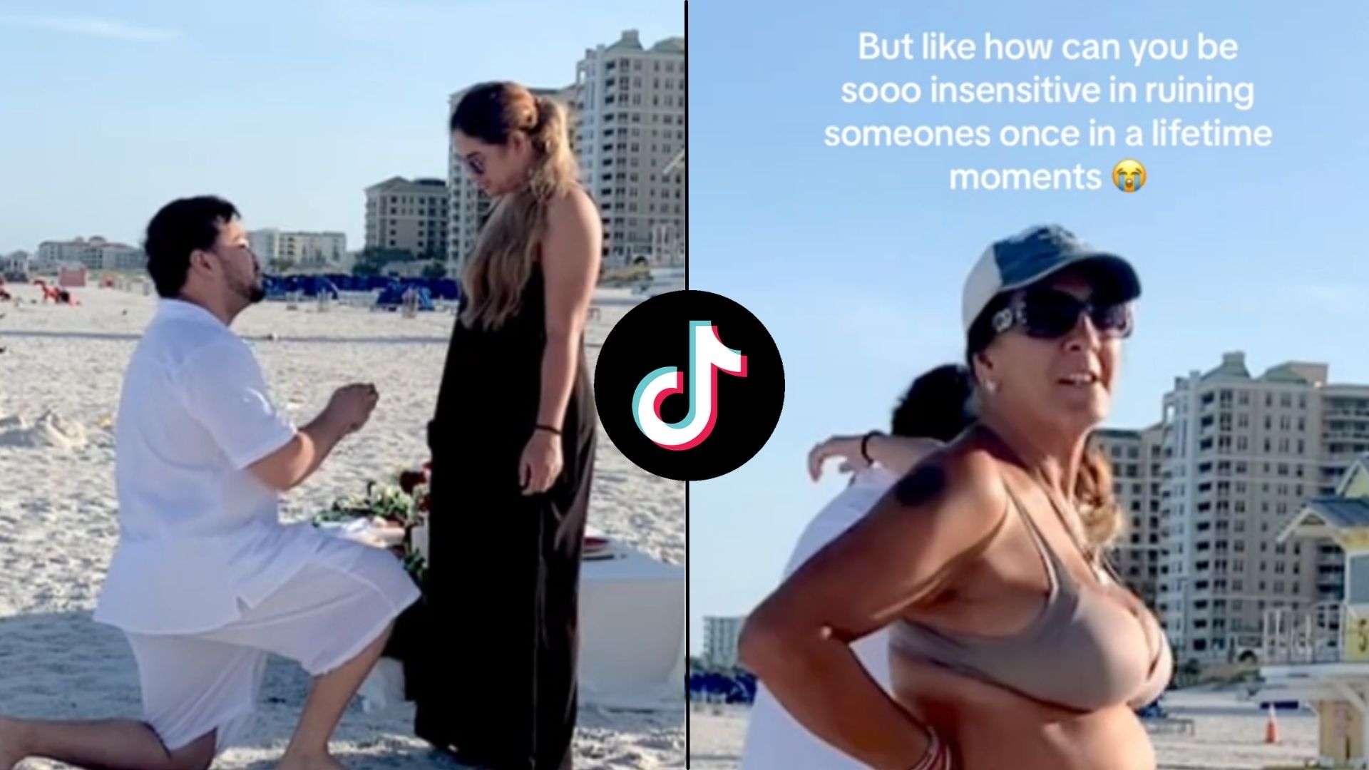Screenshots of tiktok of engagement being interrupted by woman in bikini