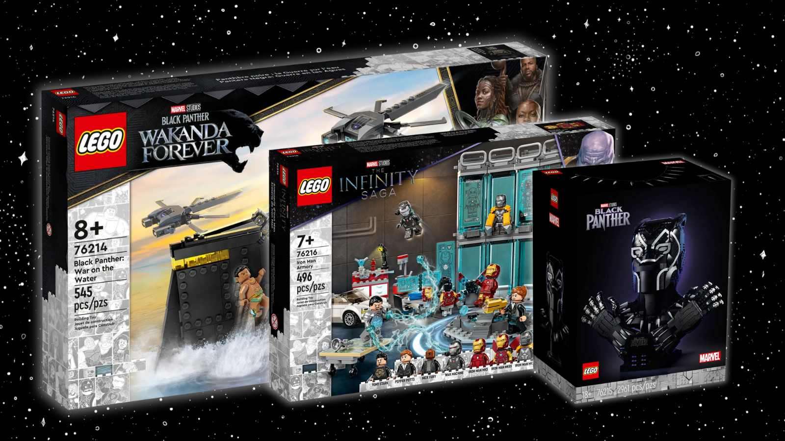 LEGO Marvel sets on a galaxy background