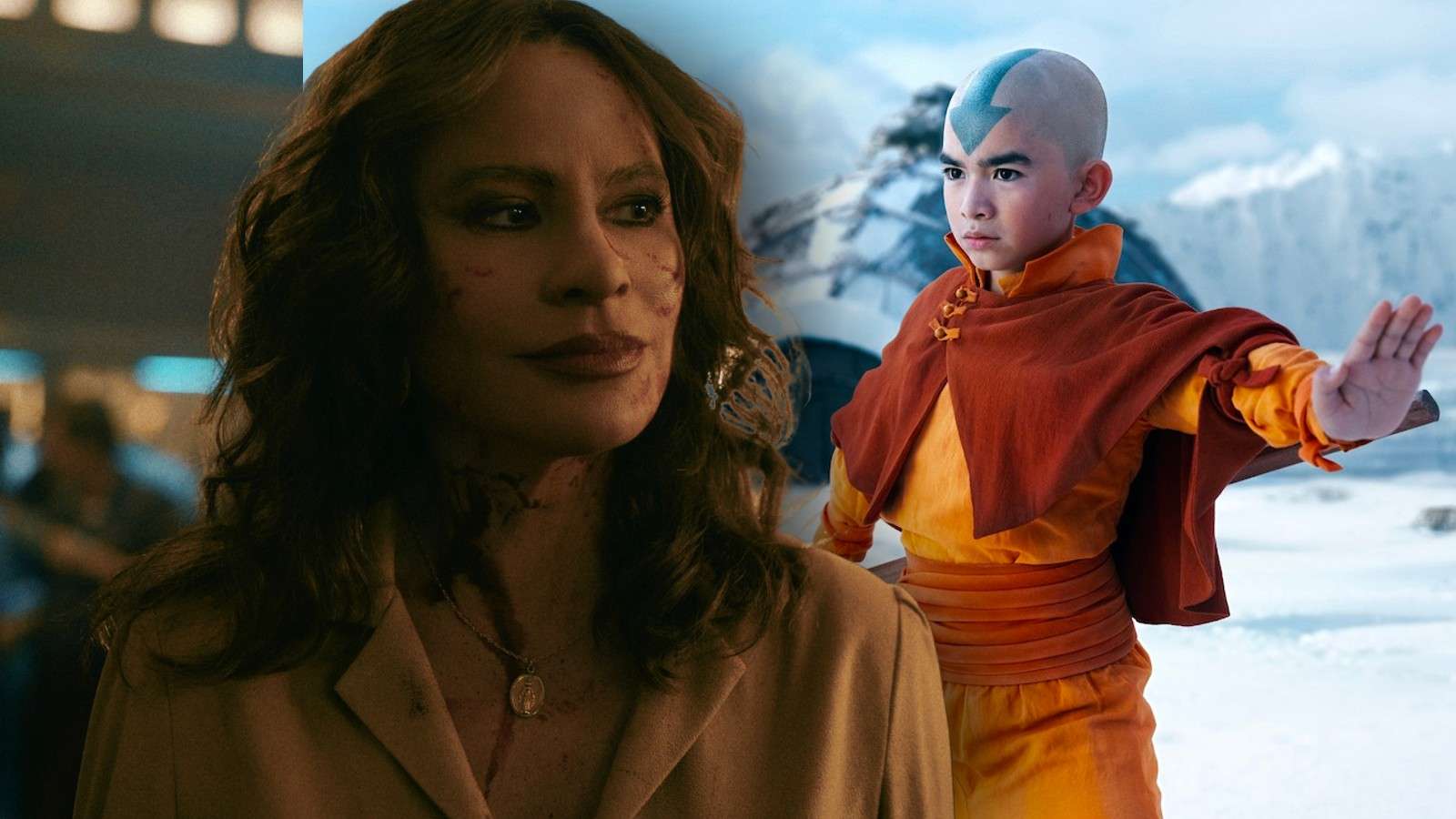 Sofia Vergara in Griselda and a still from Avatar: The Last Airbender on Netflix
