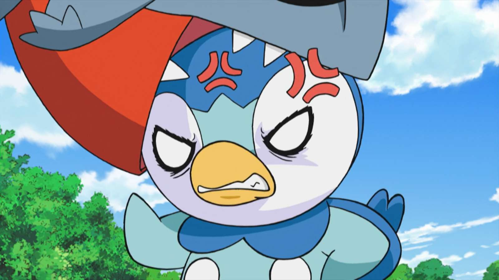 Angry Piplup with Gible biting its head in the Pokemon anime