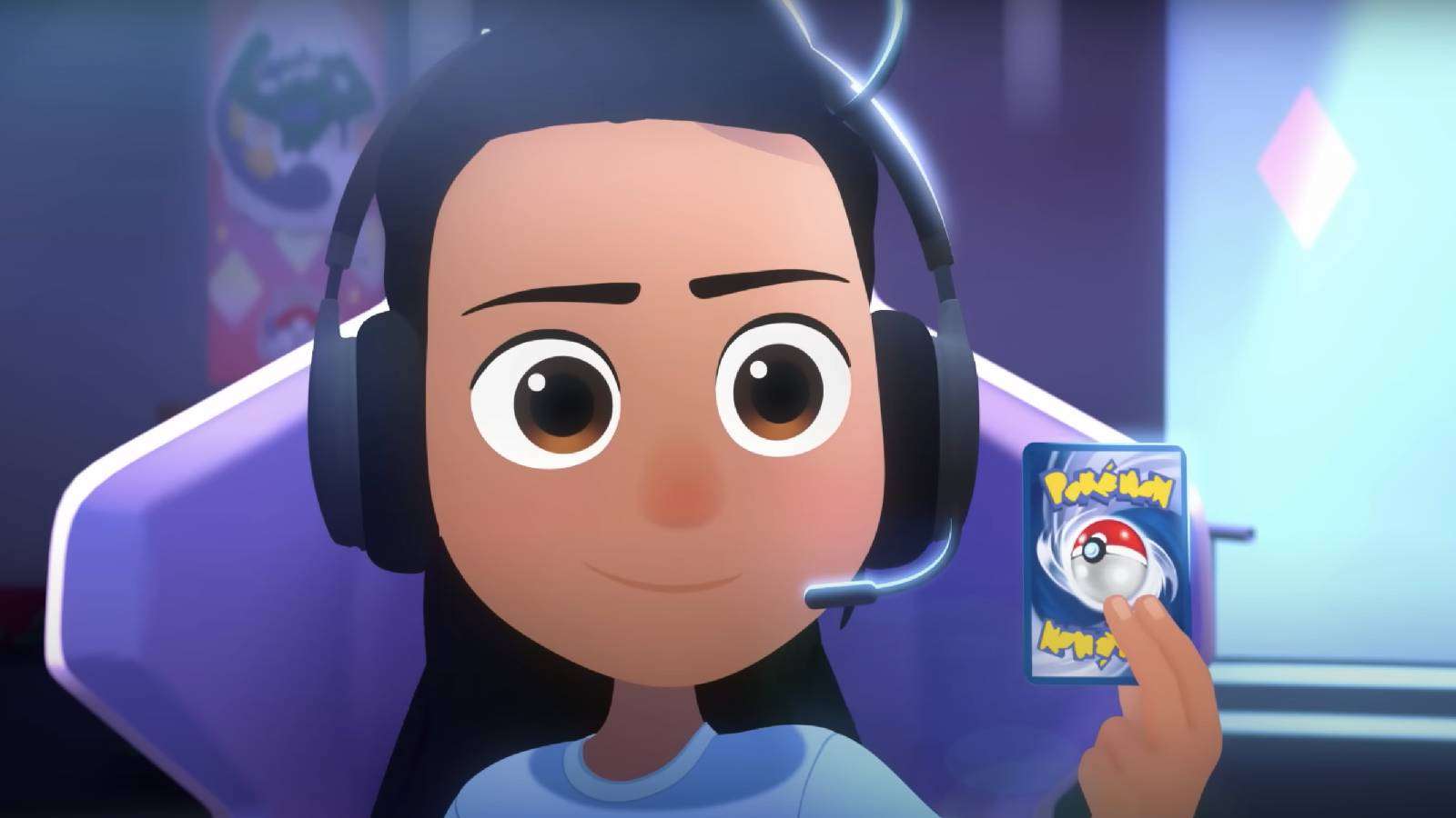 An animated still shows a young girl holding up a Pokemon card during a tournament