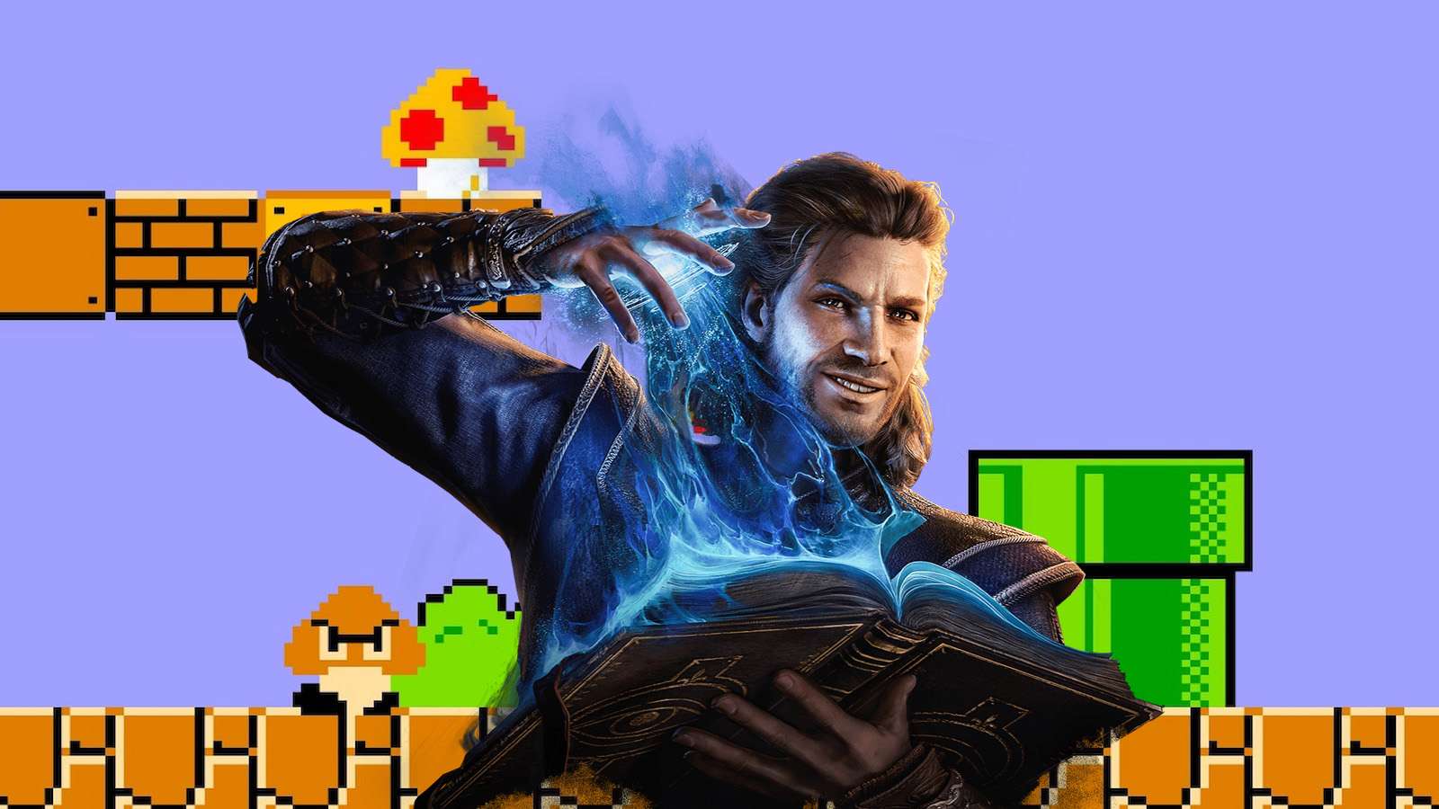 Gale from Baldur's Gate 3 in front of World 1-1 from Super Mario Bros.