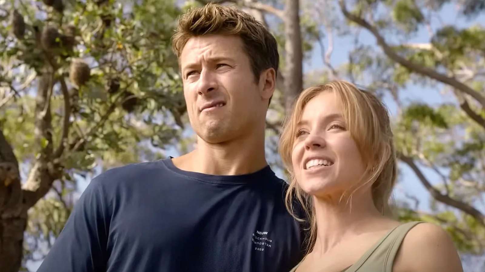Glen Powell and Sydney Sweeney in Anyone But You as Ben and Bea.