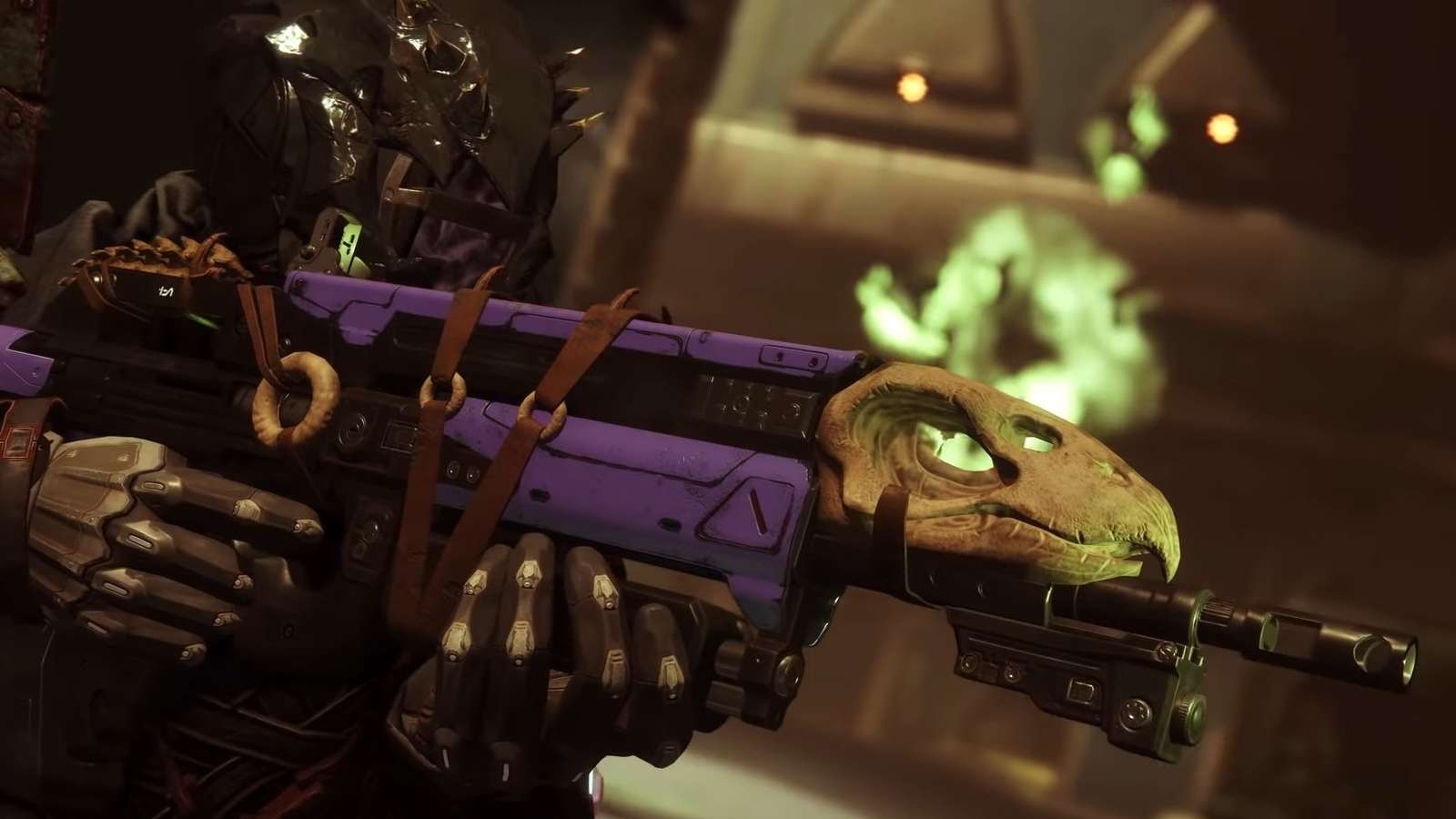 Guardian aiming in with Bad Juju Exotic Pulse Rifle in Destiny 2.