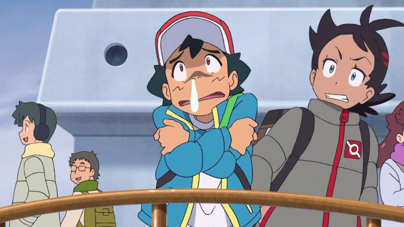 Ash Ketchum and Goh shiver in the cold