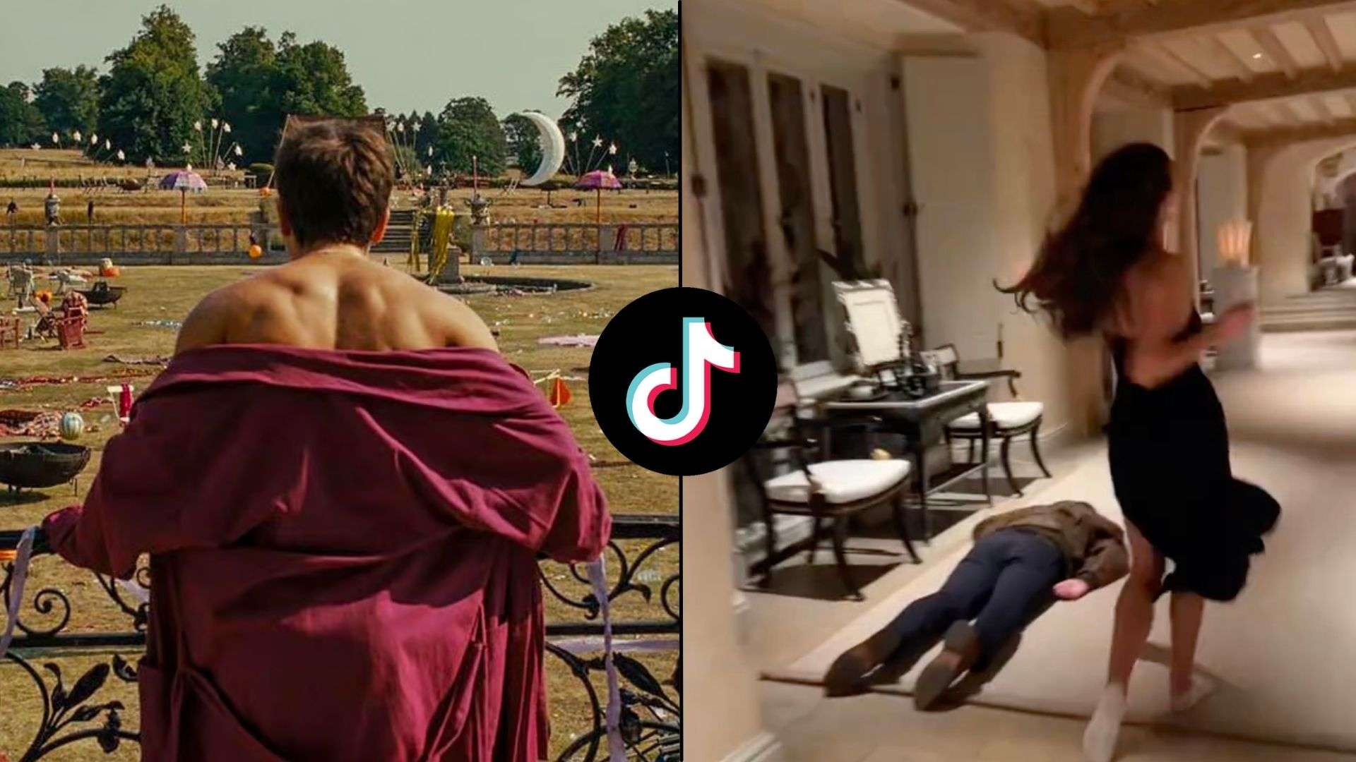 Barry Keoghan's Saltburn character in robe with back to camera next to screenshot of woman dancing round house on TikTok