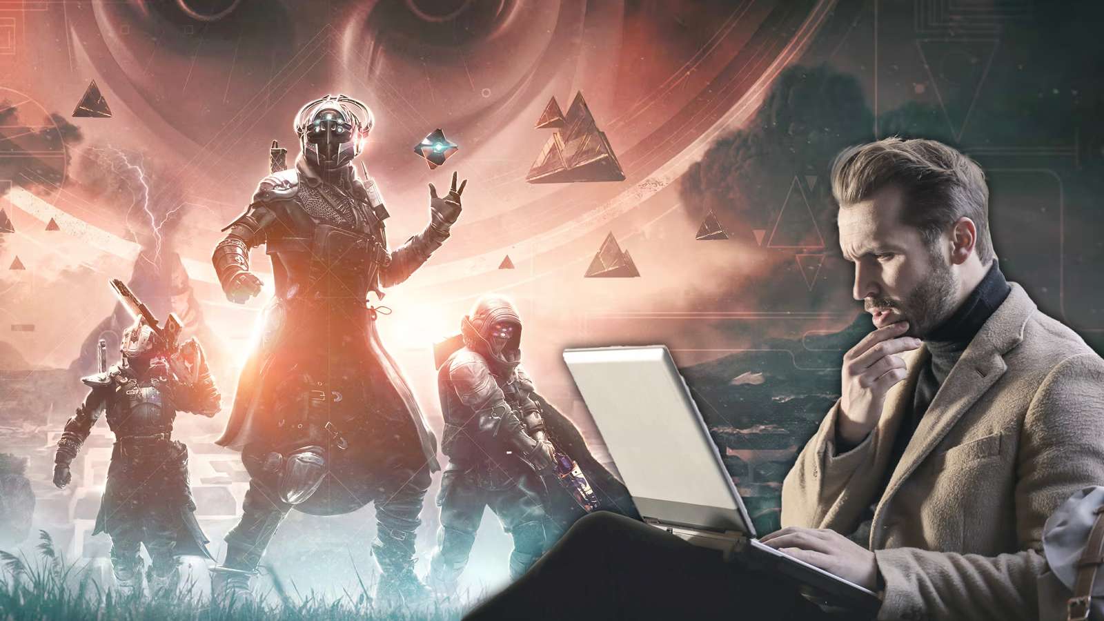 destiny 2 the final shape art with a man on a laptop looking confused