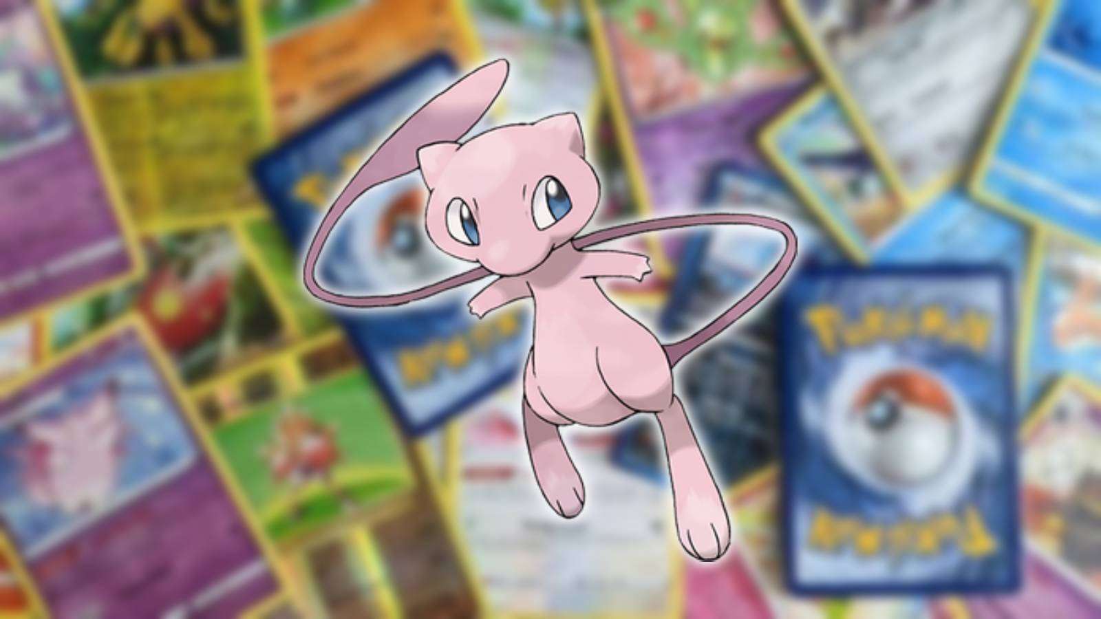 Key art shows the legendary Pokemon Mew, while the background is a blurred image of Pokemon cards