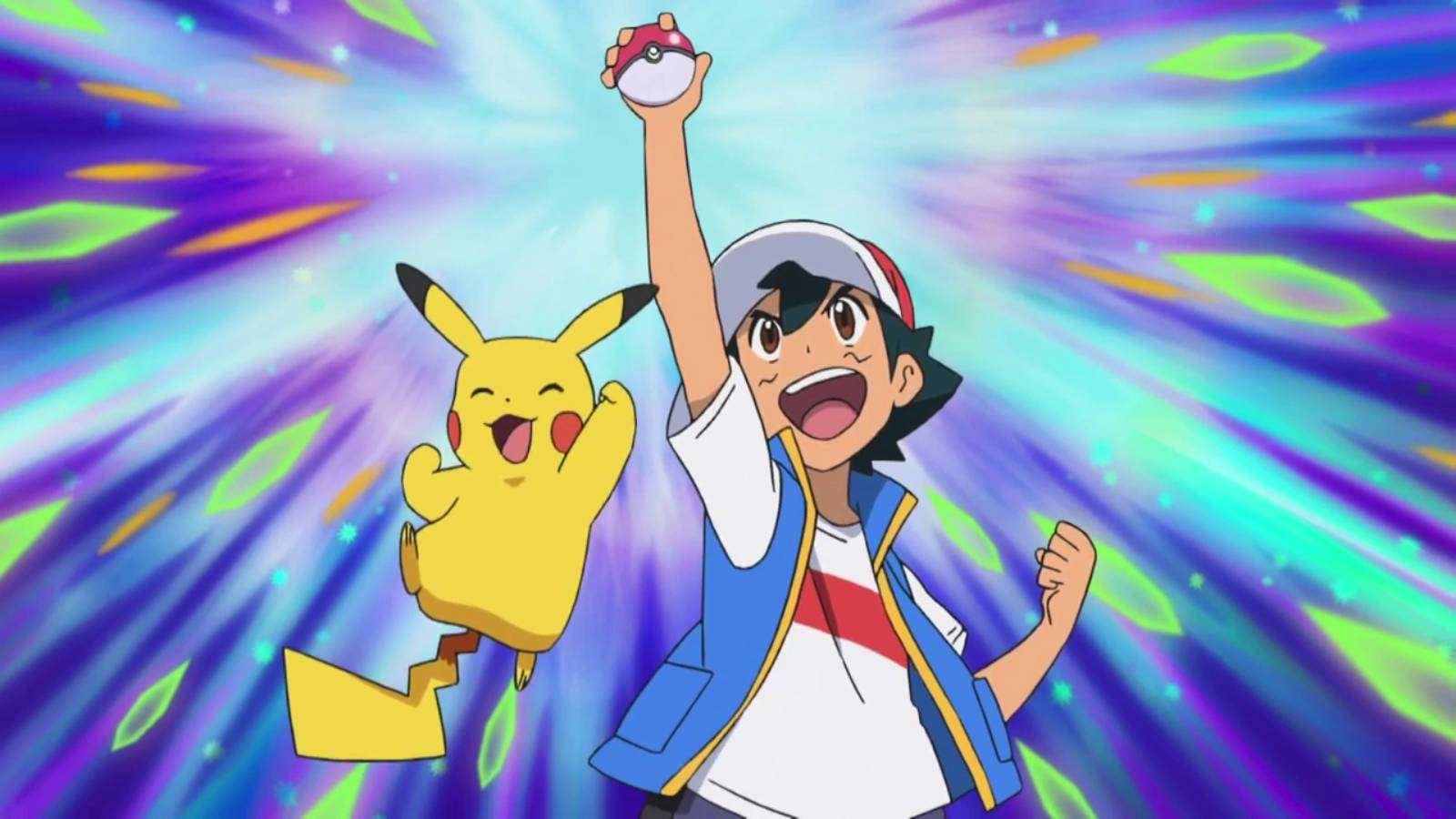 Ash Ketchum holds a Pokeball aloft, celebrating a catch, while his Pikachu joyously leaps into the air to his right