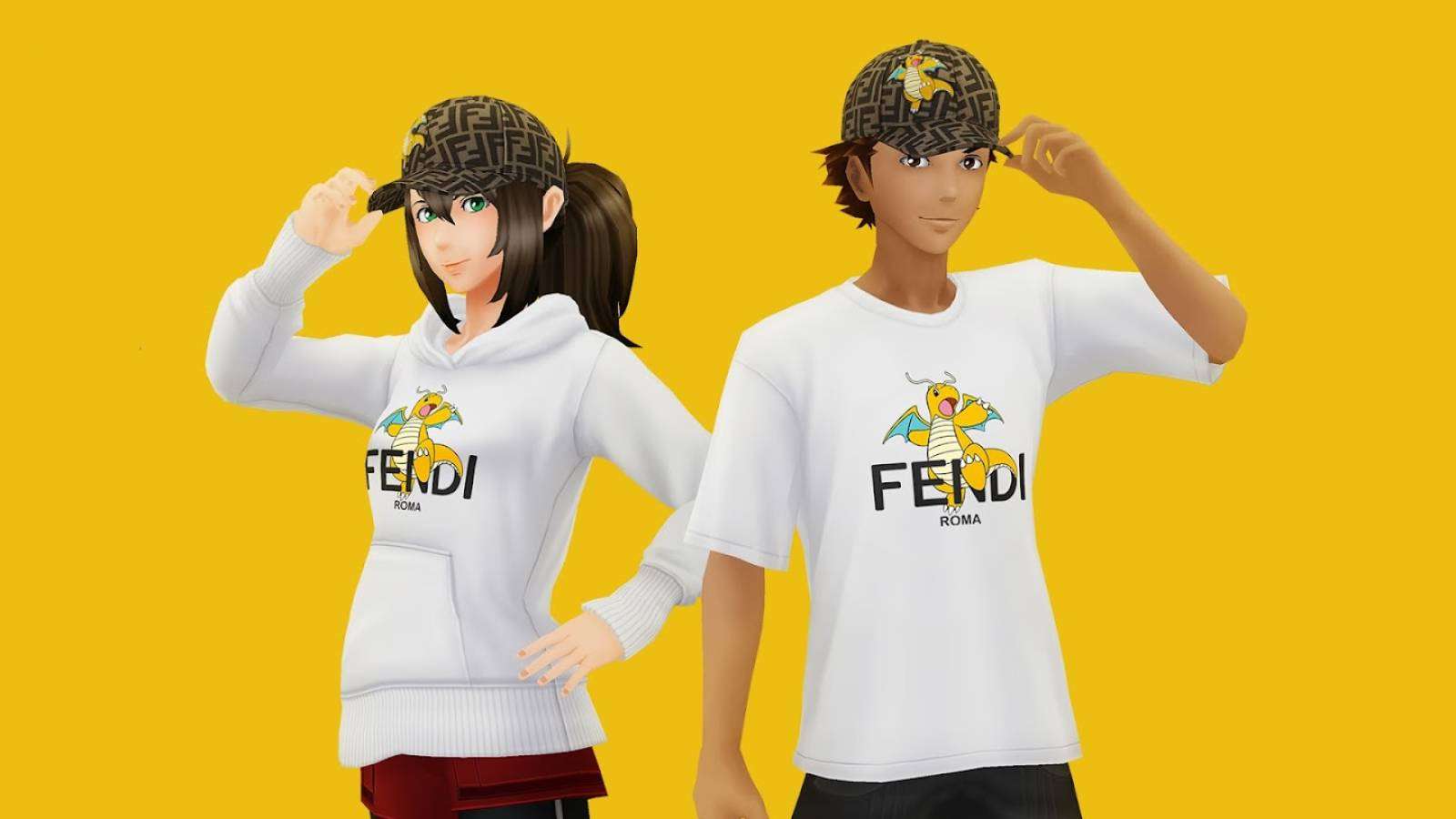 Two Pokemon Go player characters are visible, wearing the in-game Pokemon Go x Fendi x Frgmt avatar items
