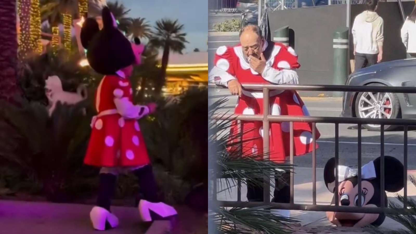 man in minnie mouse outfit smoking