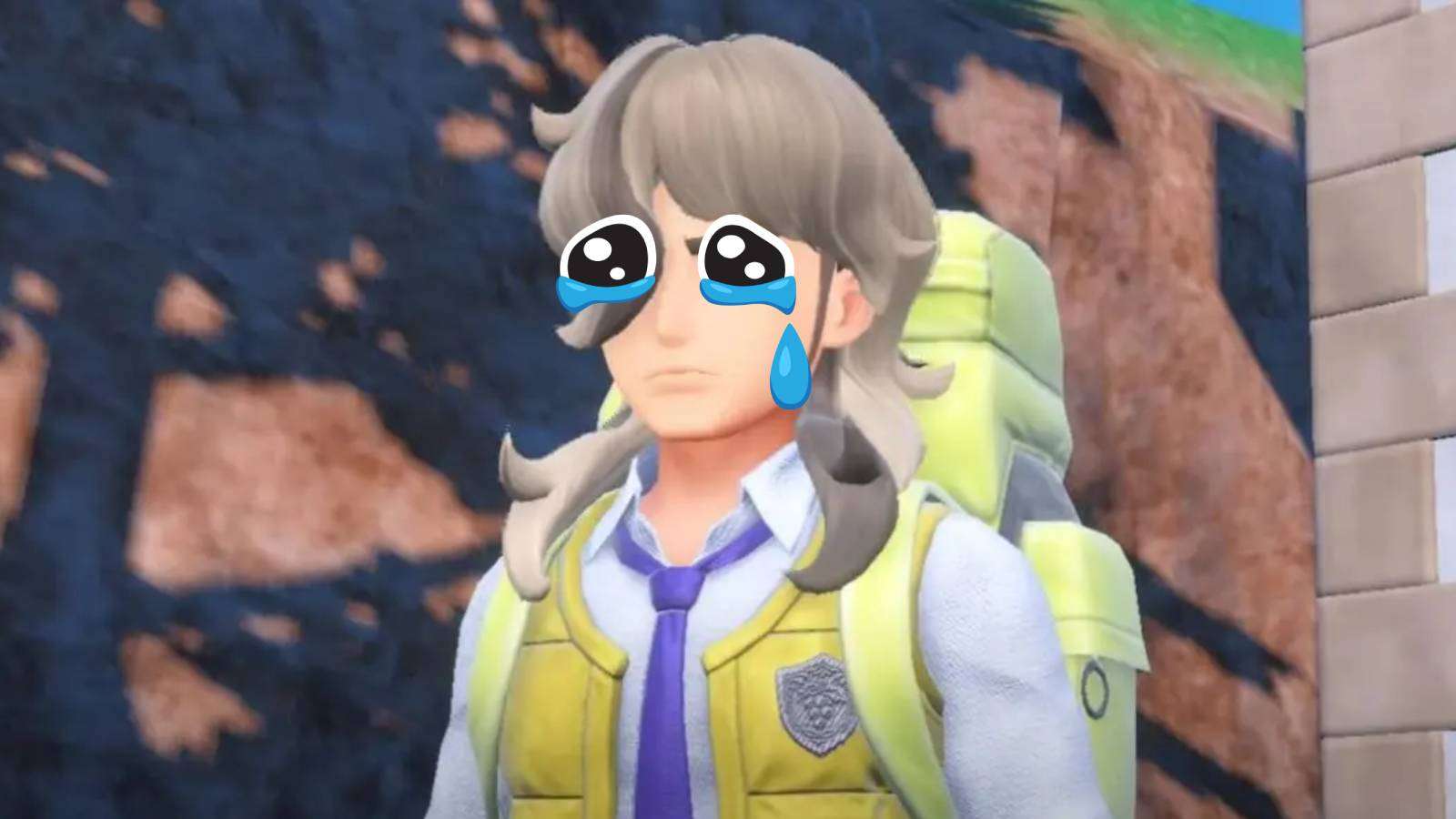 A still from Pokemon Scarlet & Violet shows the trainer Arven, but they have cartoon crying eyes placed over their real expression
