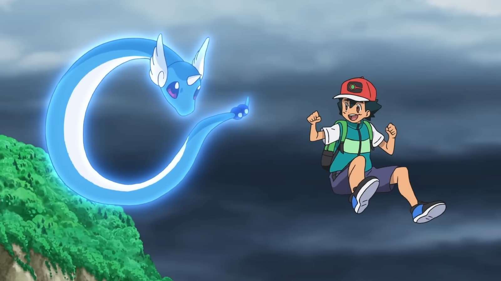 Ash flying with Dragonair in the Pokemon anime
