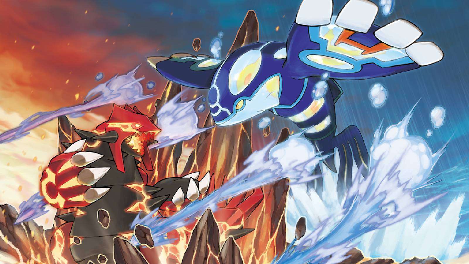 The Legendary Pokemon Kyogre and Groudon are locked in a dramatic battle in key art for Pokemon Omega Ruby and Alpha Sapphire