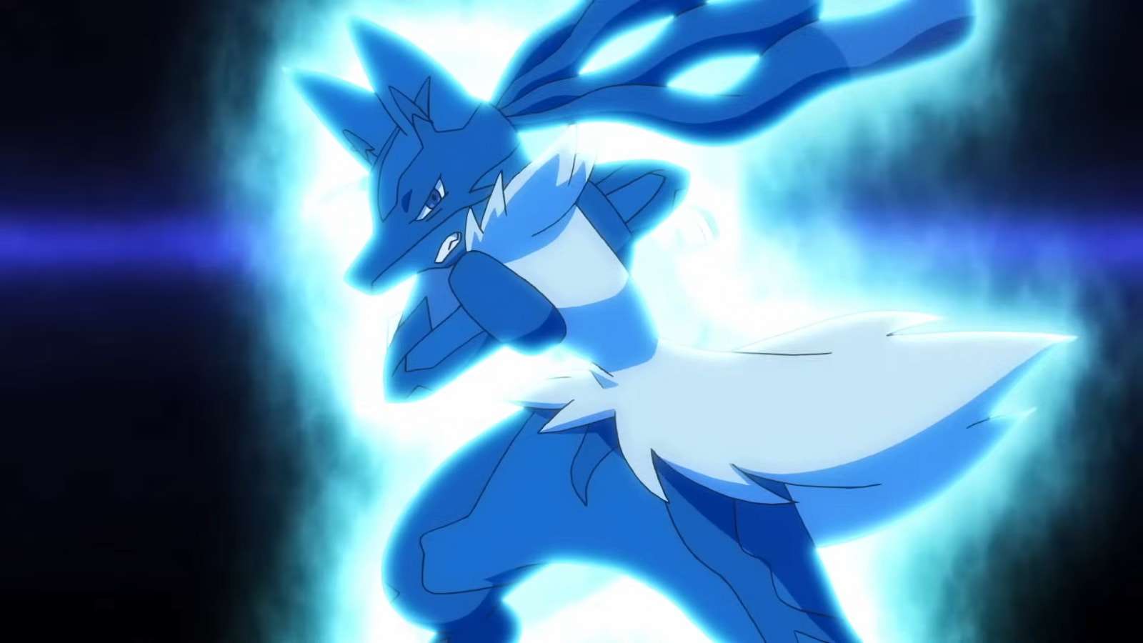 Mega Lucario using Aura Sphere in the Pokemon anime