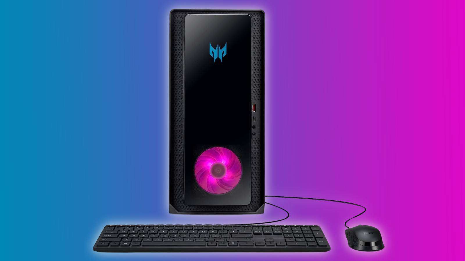 Image of the Acer Predator gaming PC, with a pink and blue background.