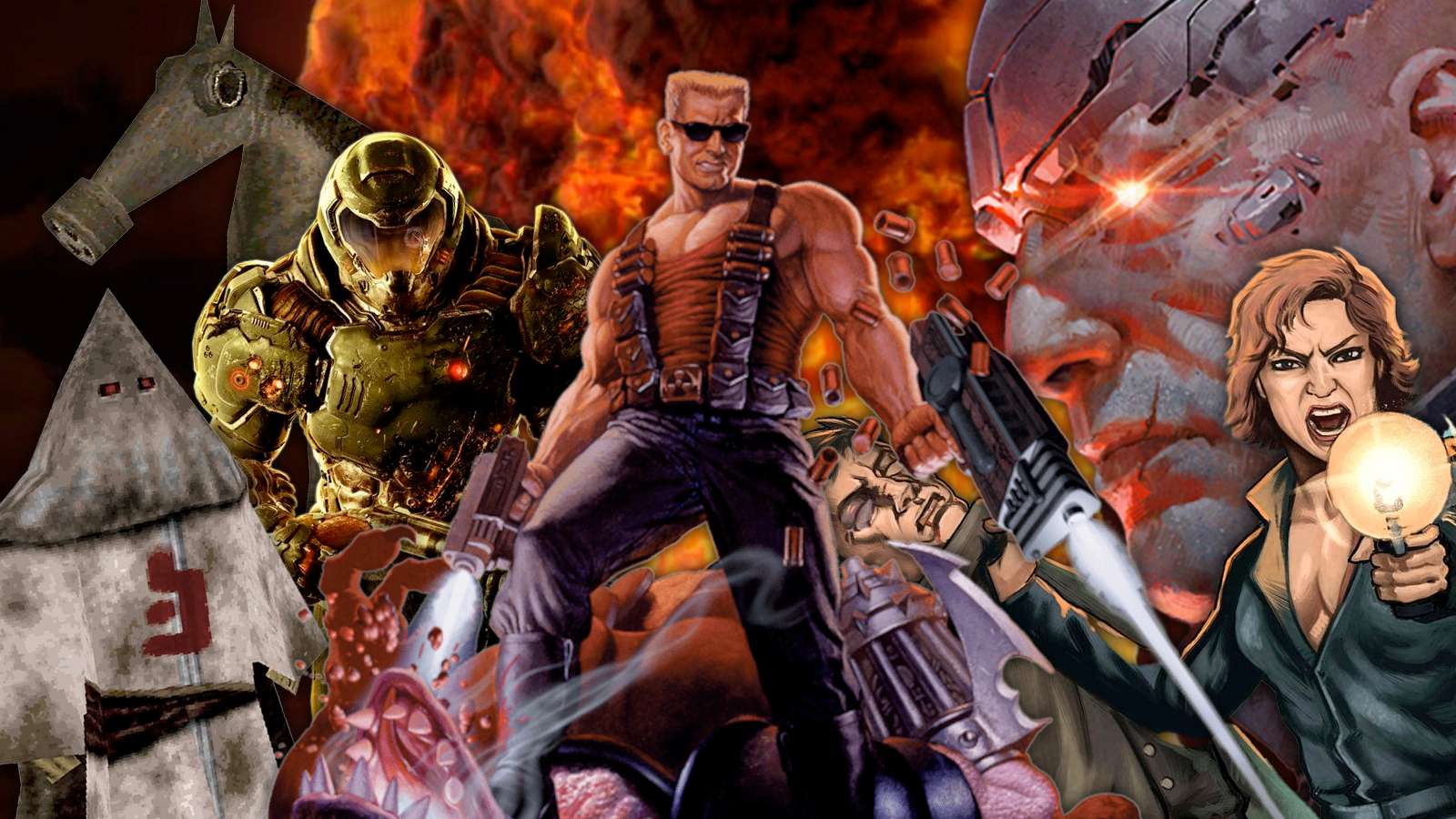 boomer shooters represented by duke nukem at the front, turbo overkill at the back, rise of the triad in the right hand corner, behind duke is doom guy and behind that is the gas mask horse from hrot. below is a cultist from dusk. an explosion is going off in the background