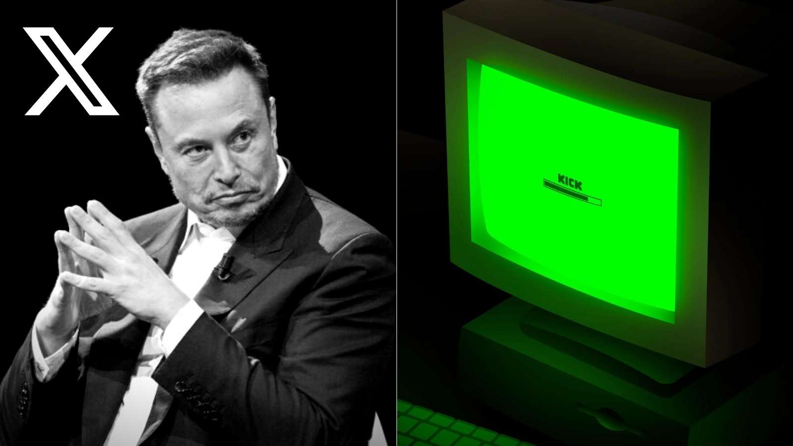 Elon Musk with X logo and computer with Kick logo
