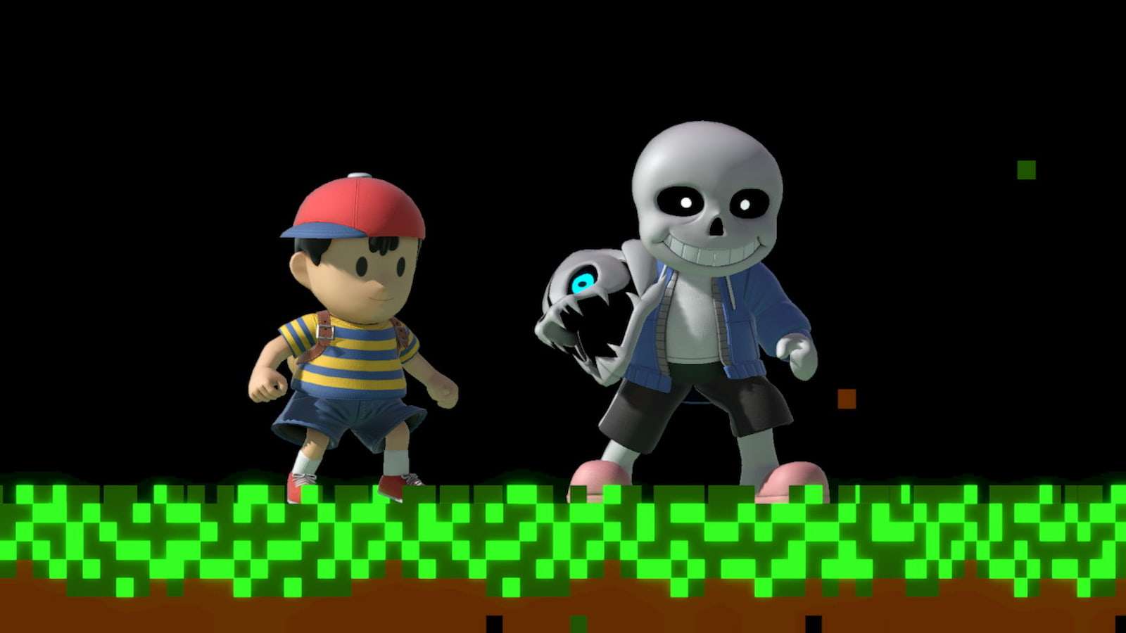 Ness and a Sans Mii Gunner in Super Smash Bros Ultimate