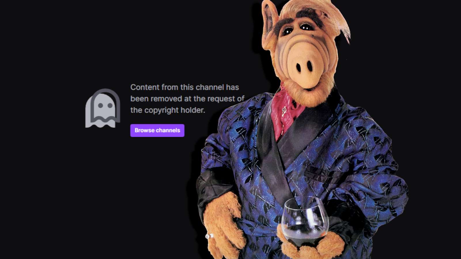 Alf in front of a banned Twitch logo