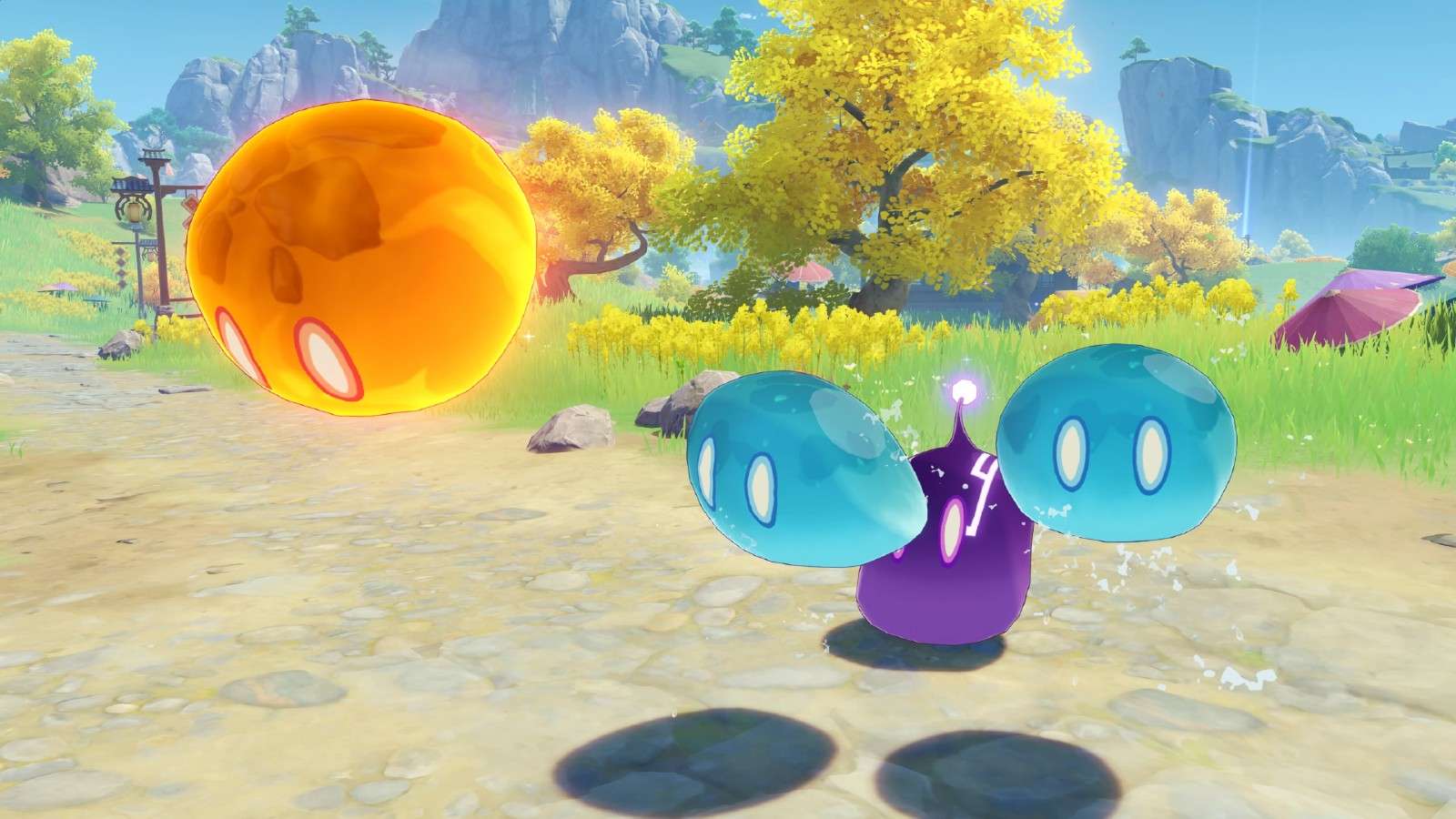An image of Slimes in Genshin Impact who you can get Slime Secretions from.