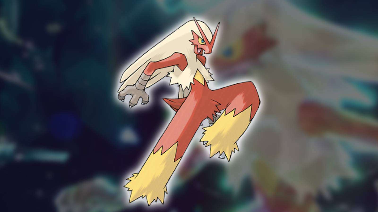 The Pokemon Blaziken is visible against a blurred background