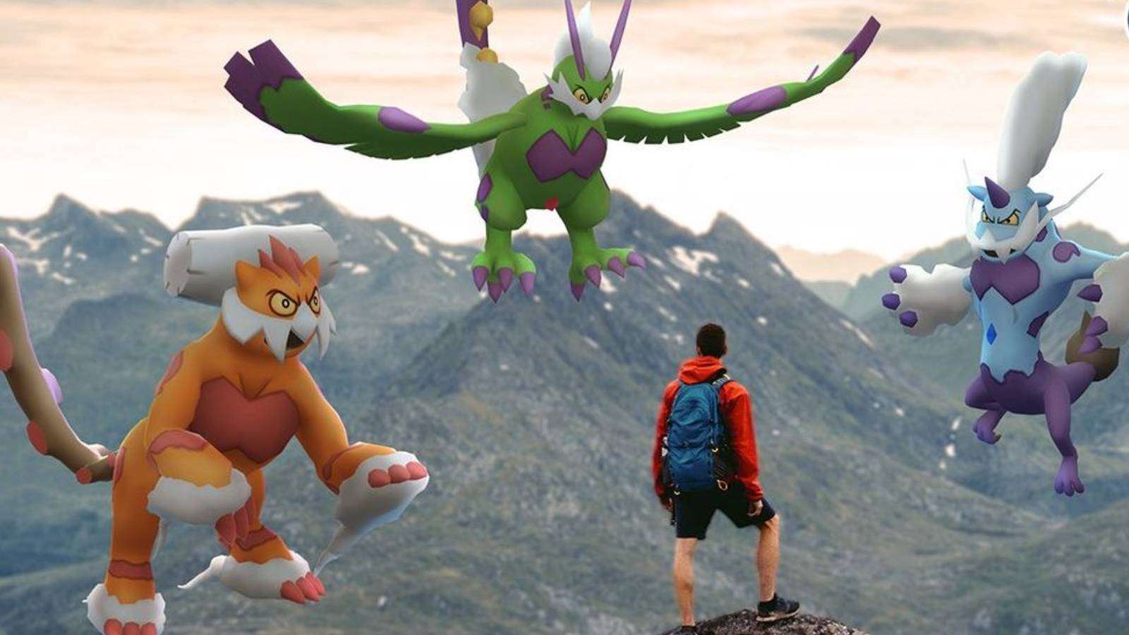 A Pokemon trainer stands on a cliff edge, faced with the Therian Forme versions of Landorus, Tornadus, and Thundurus