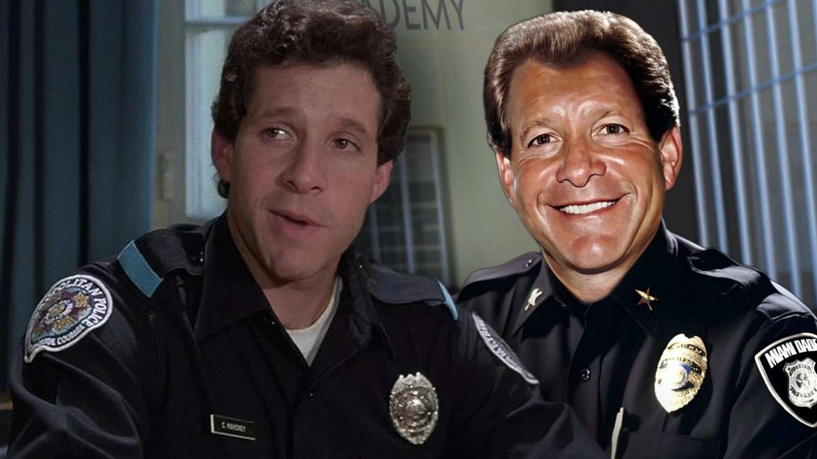 Steve Guttenberg in Police Academy and the fake poster for The New Class