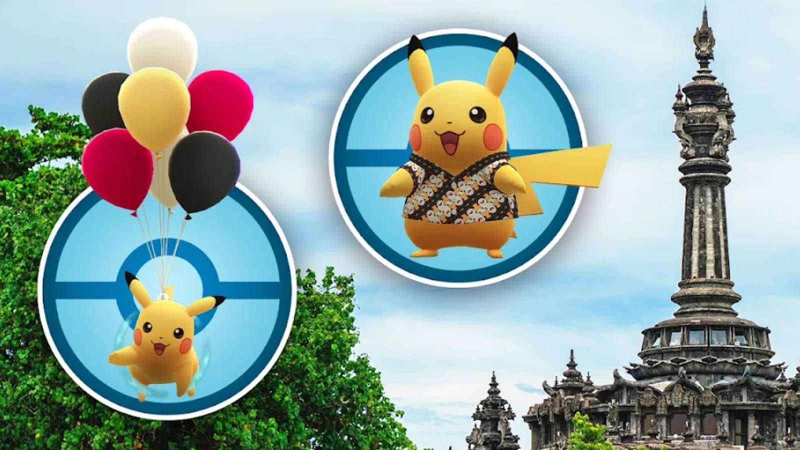 Key art shows Pikachu wearing a batik shirt, a Pikachu floating with balloons, and in for background is a picture of a landmark in Indonesia
