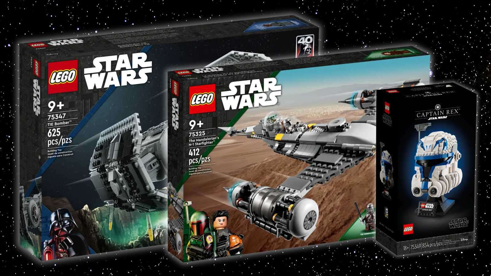 A few of the LEGO Star Wars sets discounted at Amazon on a galaxy background