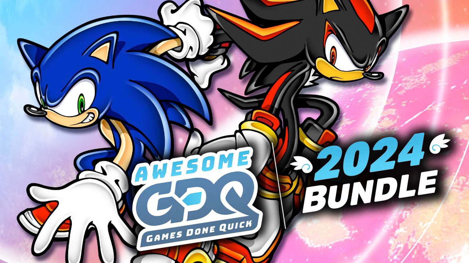 sonic and shadow the hedgehog with the agdq 2024 bundle logo overlayed