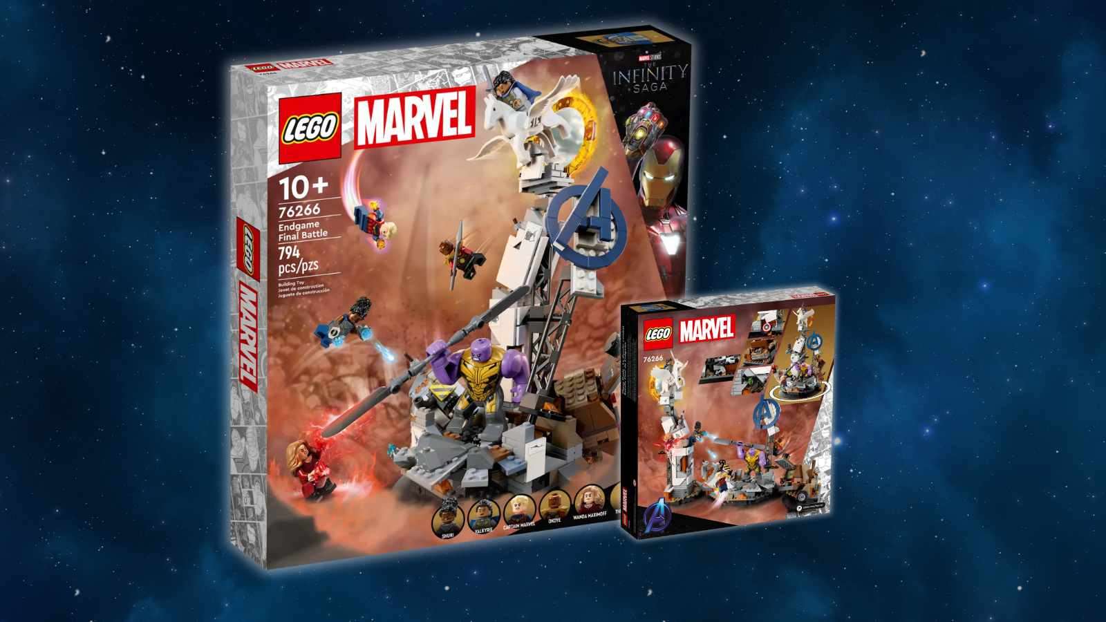 LEGO Marvel Endgame Final Battle set on a galaxy background