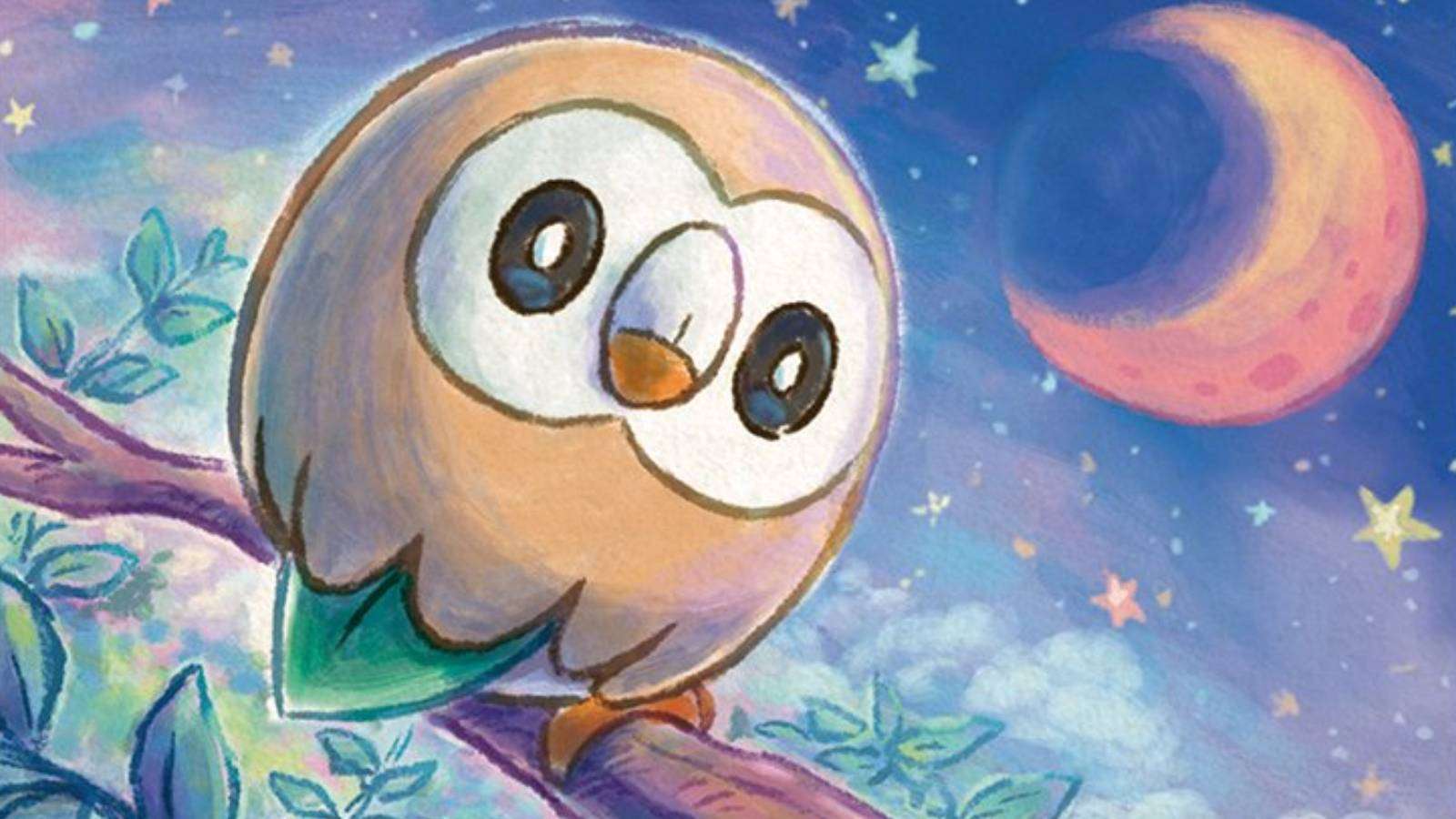 An illustrated picture shows Rowlet sitting on a branch at night