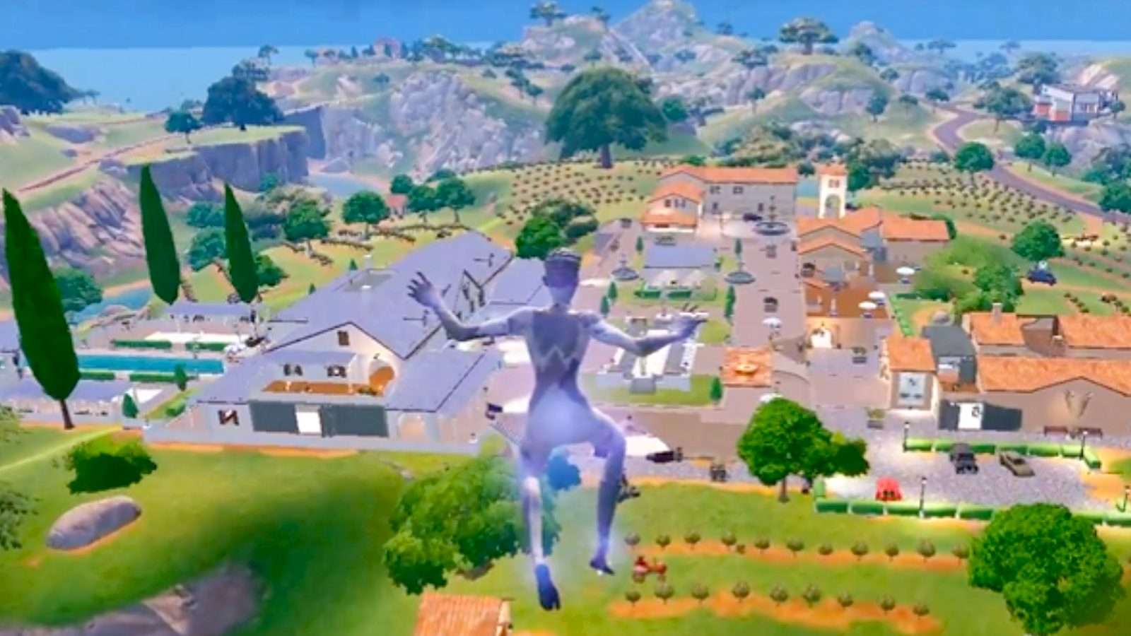 Fortnite player flying over the Chapter 5 map with the use of Crash Pad Jr and Flowberries.