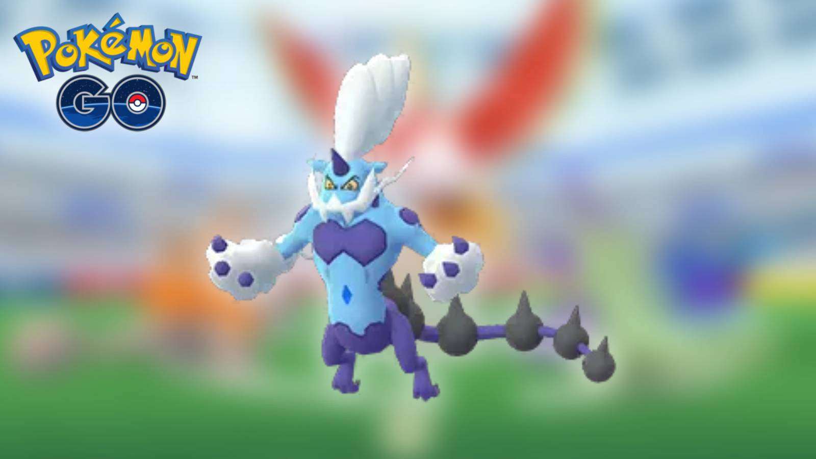 The Pokemon Thundurus appears against a blurred background