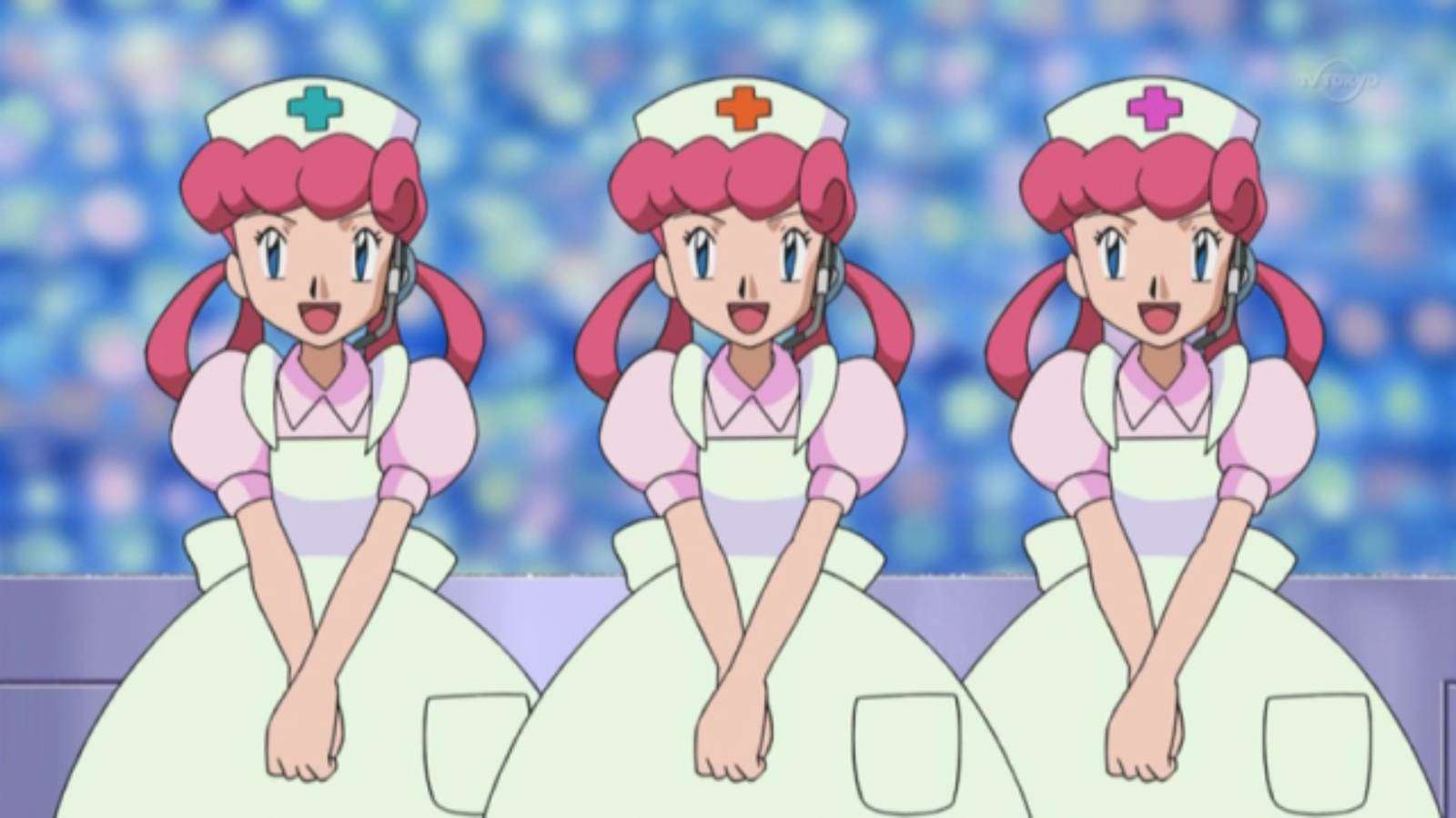 A still from the Pokemon anime shows three different Nurse Joy lined up in a row