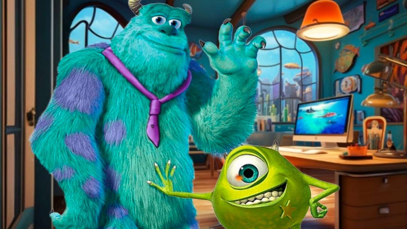 Mike and Sully on the fake poster for Monsters Inc: Laugh Academy