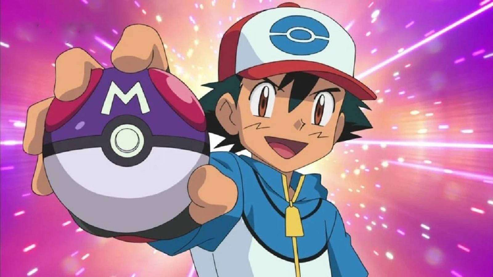 Ash Ketchum holds a Master Ball in his hand
