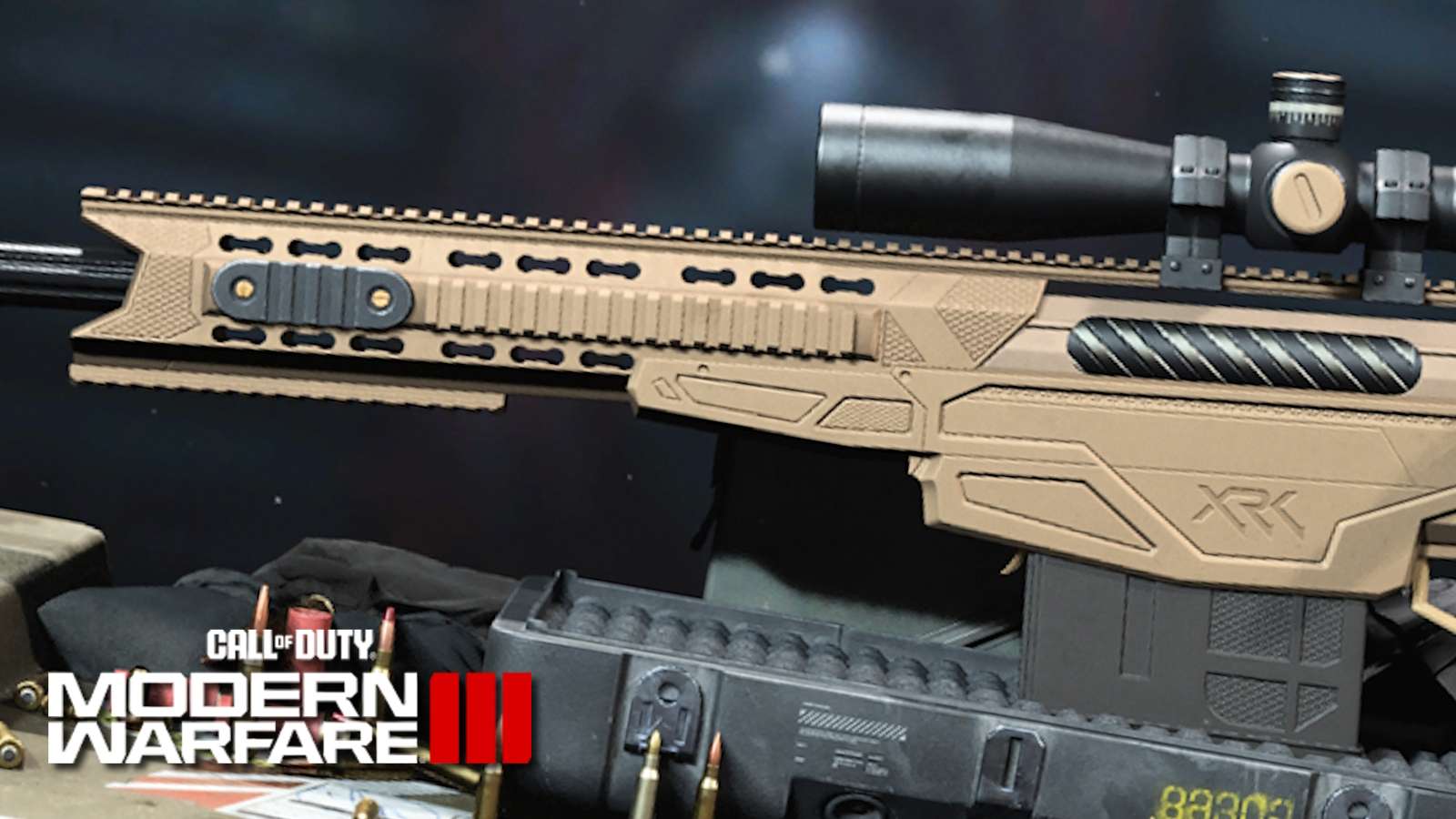 XRK Stalker sniper rifle next to MW3 logo.