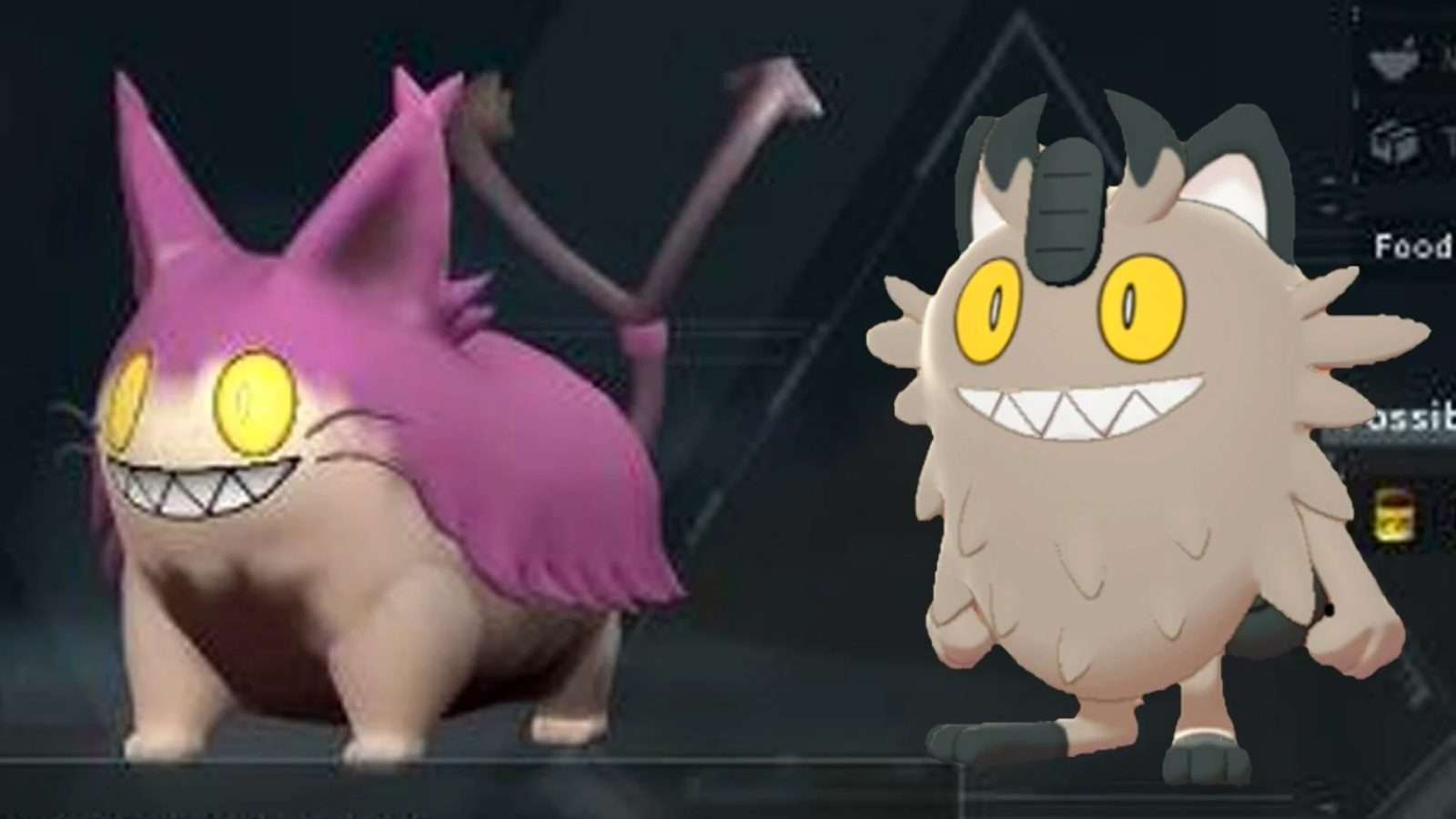 Palworld Pal side-by-side comparison with Galarian Meowth from Pokemon.