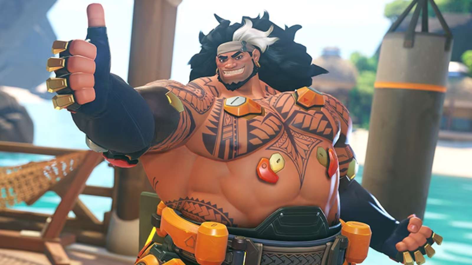 A screenshot of Mauga with his thumbs up in Overwatch 2.