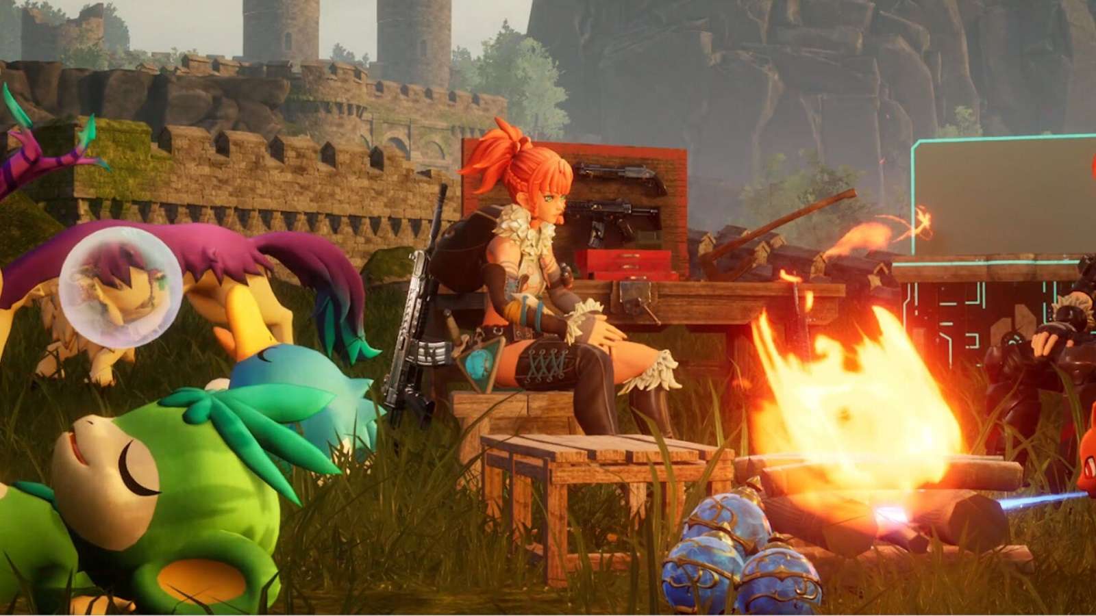 Palworld character sitting next to a fire