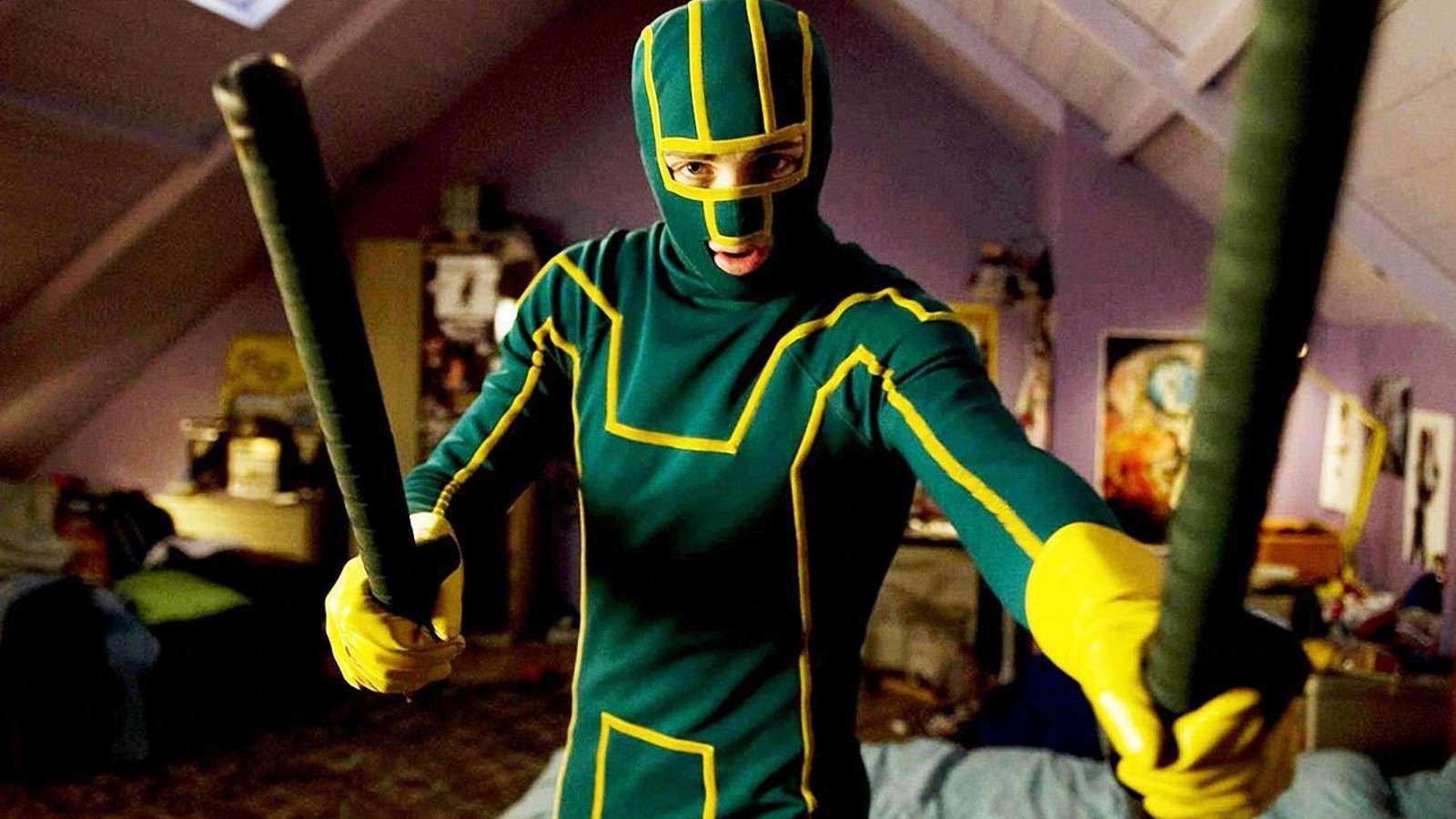 Aaron Taylor-Johnson in the Kick-Ass outfit.
