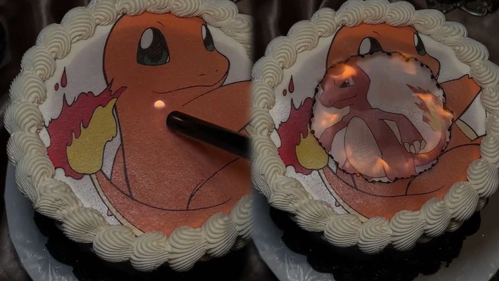 Jaw-dropping birthday cake burns away layers to show Charizard evolution