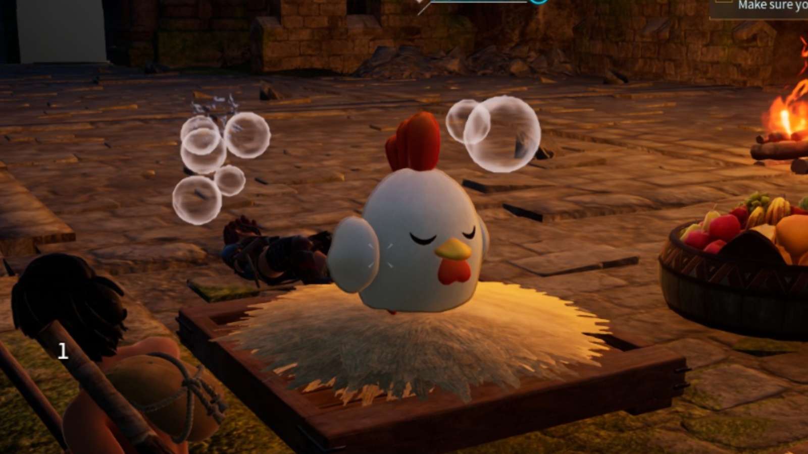 A screenshot featuring a sleeping Chikipi in Palworld.