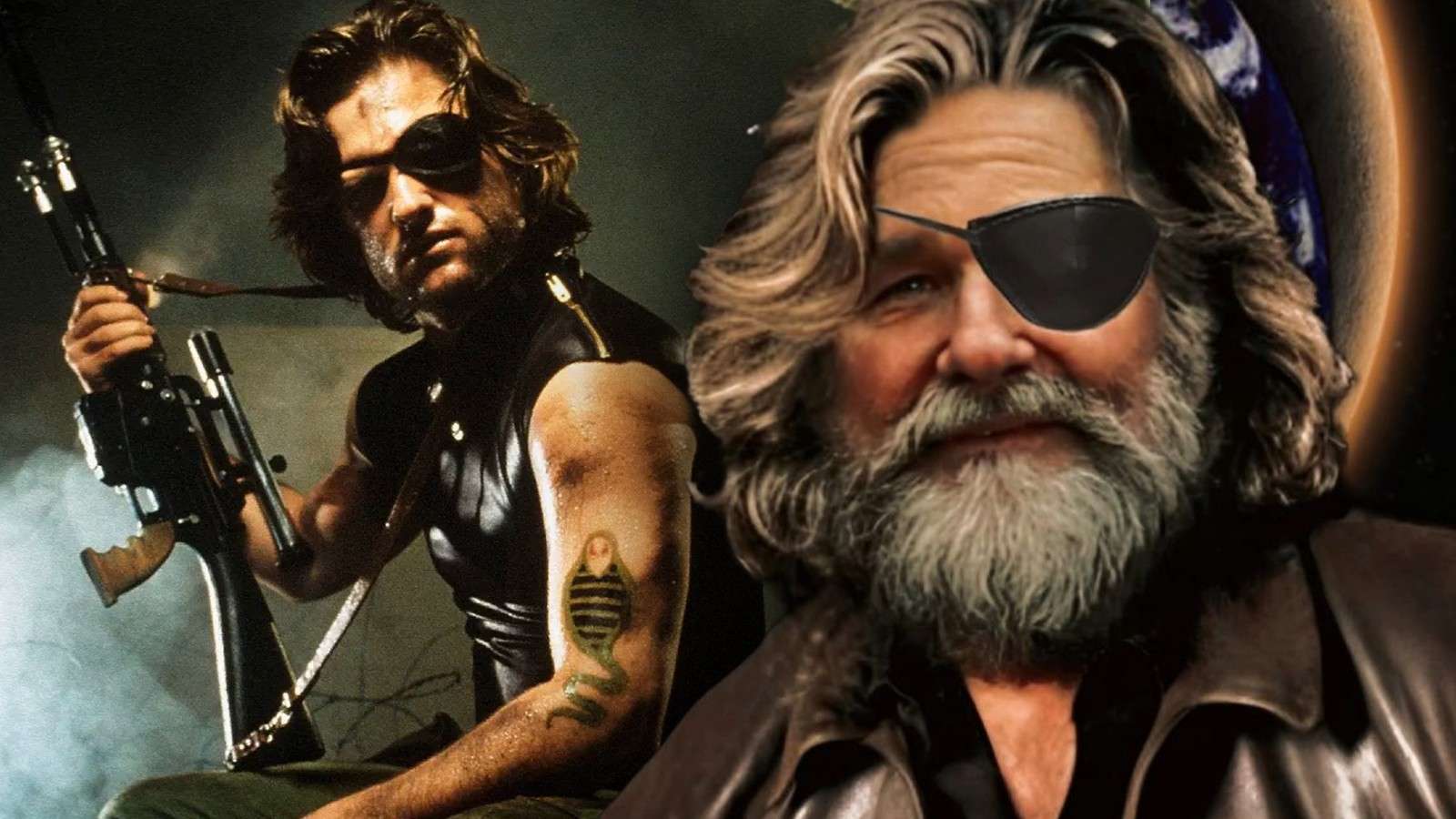 Kurt Russell as Snake Plissken and the fake poster for Escape from Earth