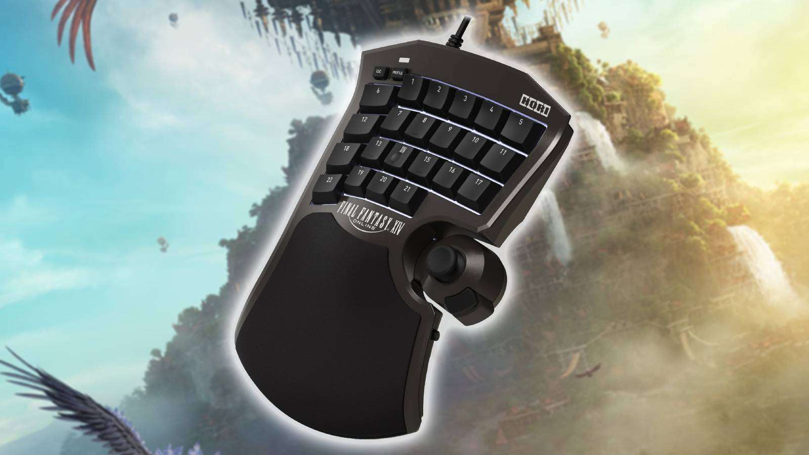 An image of the HORI Tactical Assault Commander F14 (Final Fantasy XIV Black Edition) on a background of keyart from the Dawntrail expansion.